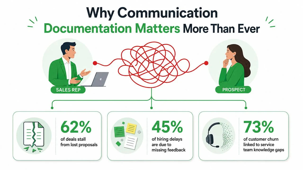 A graphic illustration showing a messy line between a sales rep and prospect, representing communication documentation challenges.